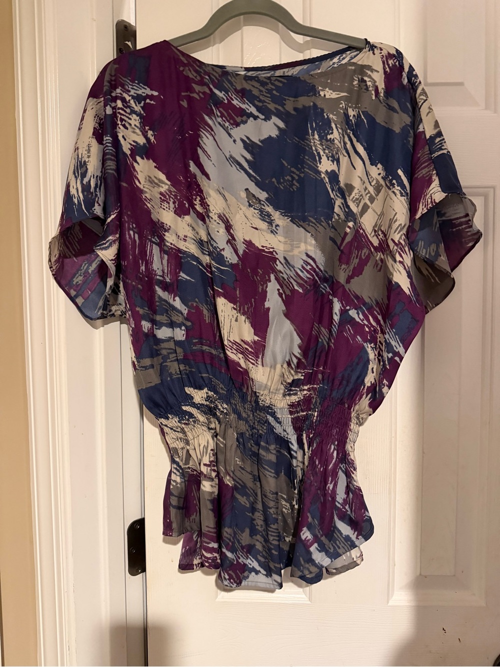 Calvin Klein Brushstroke Peplum Blouse in Purple, Blue & Cream